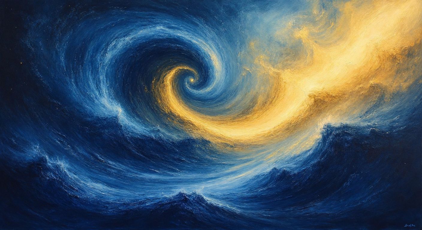 A swirling, boundless cosmic mist in shades of deep indigo and gold, merging and separating like an infinite, formless ocean under a starless sky, evoking both mystery and primordial balance.