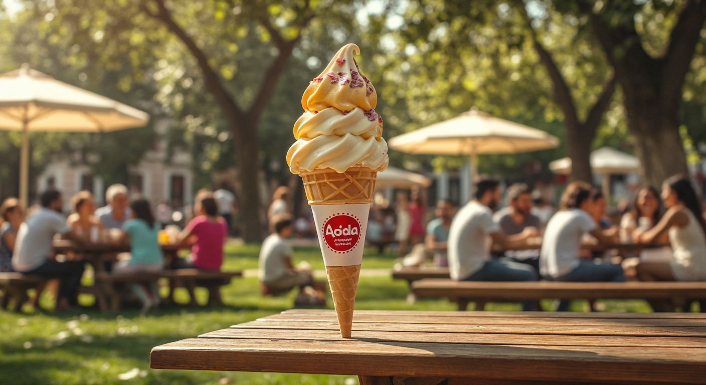 A vibrant ice cream cone with Algida branding melting slightly under the sun, placed on a wooden picnic table in a bustling Turkish park, surrounded by families laughing and enjoying the warm day.