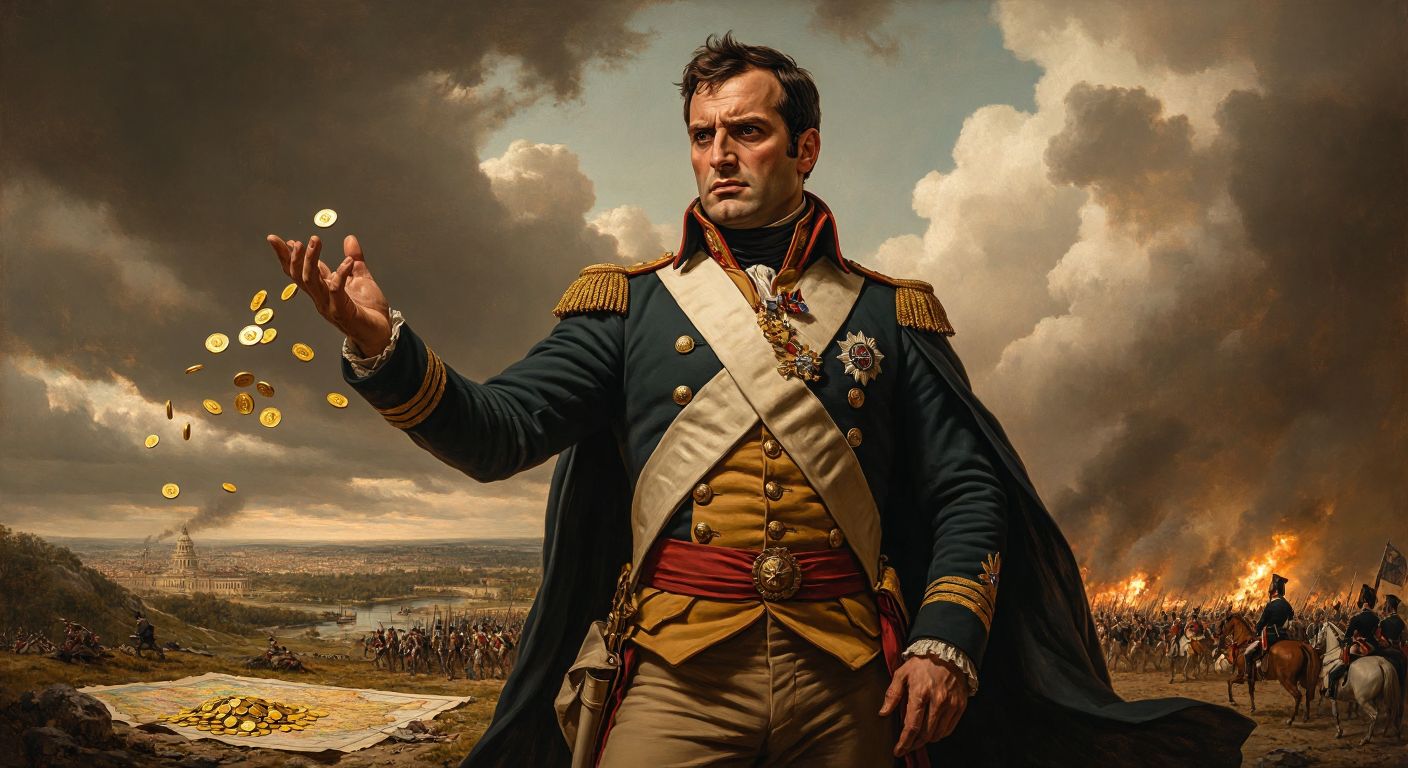 A stern-faced Napoleon Bonaparte in a military uniform stands on a battlefield, gesturing emphatically with one hand while golden coins spill from his other palm onto a map of Europe.