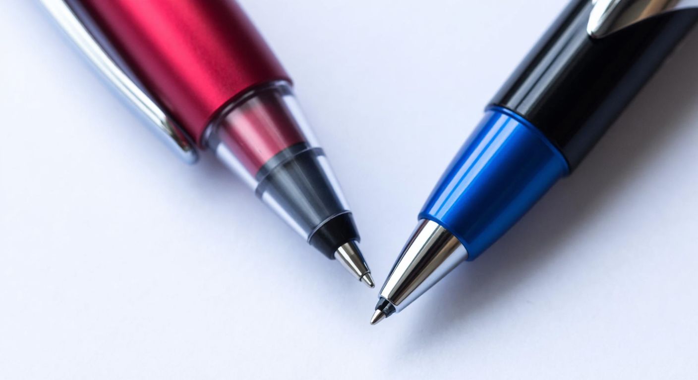 A close-up of two Uniball Vision Elite pens—one with a 0.6mm tip producing a thin, precise line and the other with a 0.8mm tip creating a bold, thick stroke—resting on a blank sheet of paper.