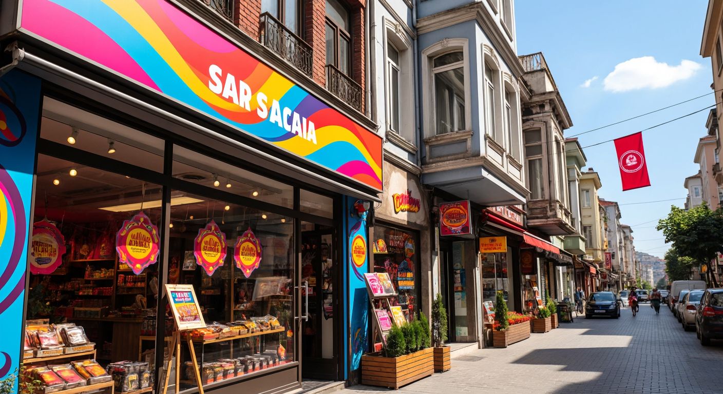 A vibrant Istanbul street scene with colorful vinyl stretch signs adorning shop windows, a festival banner fluttering in the breeze, and a sleek office building displaying a branded vinyl sign at its entrance.