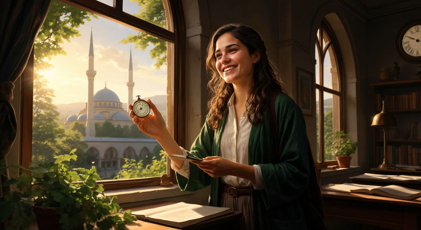 A smiling female teacher in a classroom holds a compass while pointing at a sunlit window, with a tree outside showing moss on its northern side and a distant mosque minaret in the background.