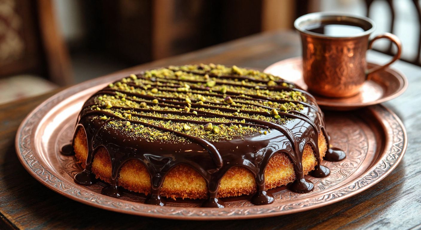 A golden-brown künefe drizzled with glossy melted chocolate, garnished with crushed pistachios, resting on a traditional Turkish copper tray with a steaming cup of Turkish coffee beside it.