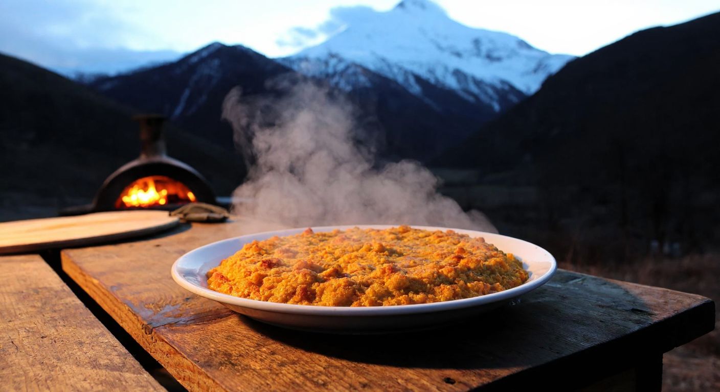 A steaming plate of golden-brown *murtuğa* sits on a rustic wooden table, surrounded by the rugged, snow-capped mountains of eastern Turkey, with a warm, inviting glow from a nearby clay oven.