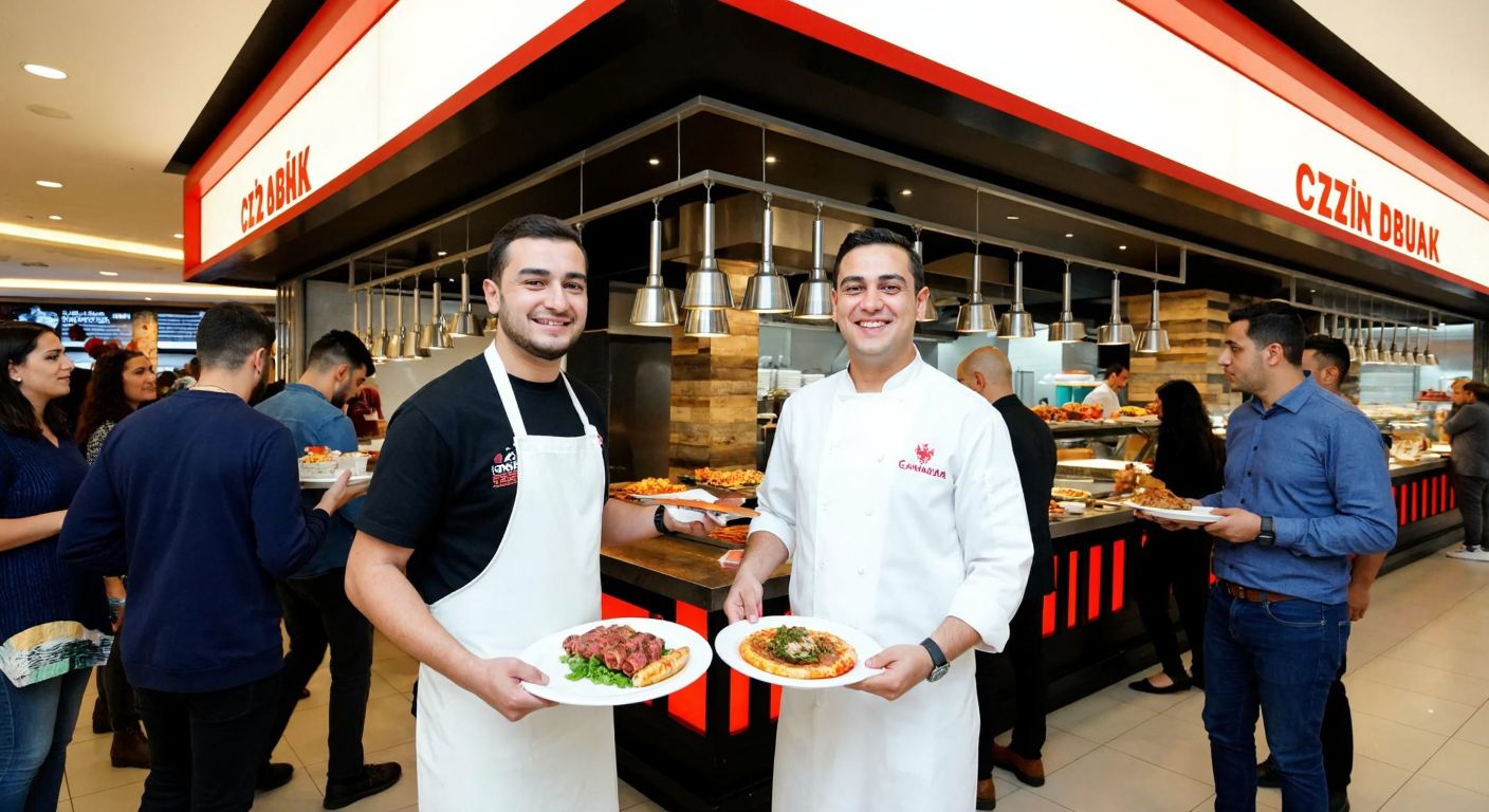 A bustling food court in Vadistanbul Mall, with a vibrant CZN Burak restaurant stand featuring sizzling kebabs and a cheerful chef in a white apron, surrounded by eager customers holding plates of Turkish dishes.