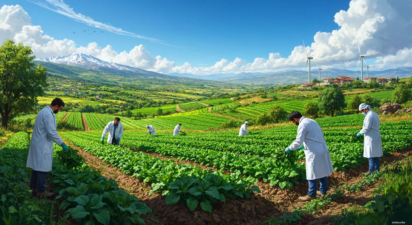 A vibrant Turkish countryside scene with farmers tending to lush green fields, scientists in lab coats examining plants, and wind turbines in the distance, symbolizing sustainable agriculture, biotech innovation, and renewable energy.