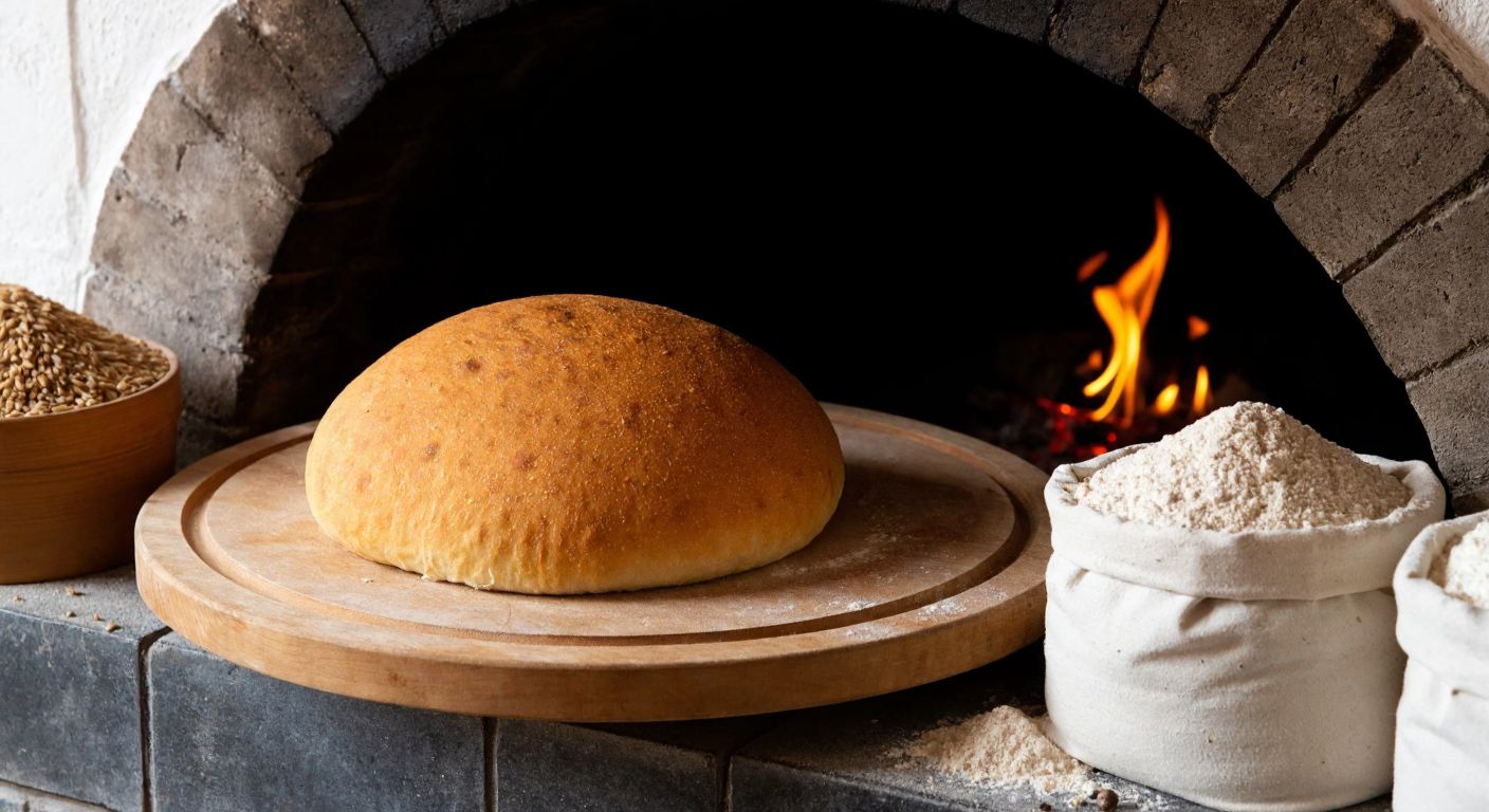 A golden-brown loaf of freshly baked Ottoman "has ekmek" resting on a wooden tray in a traditional stone oven, surrounded by sacks of whole wheat, rye, and barley flour, with a warm glow from the fire illuminating the scene.
