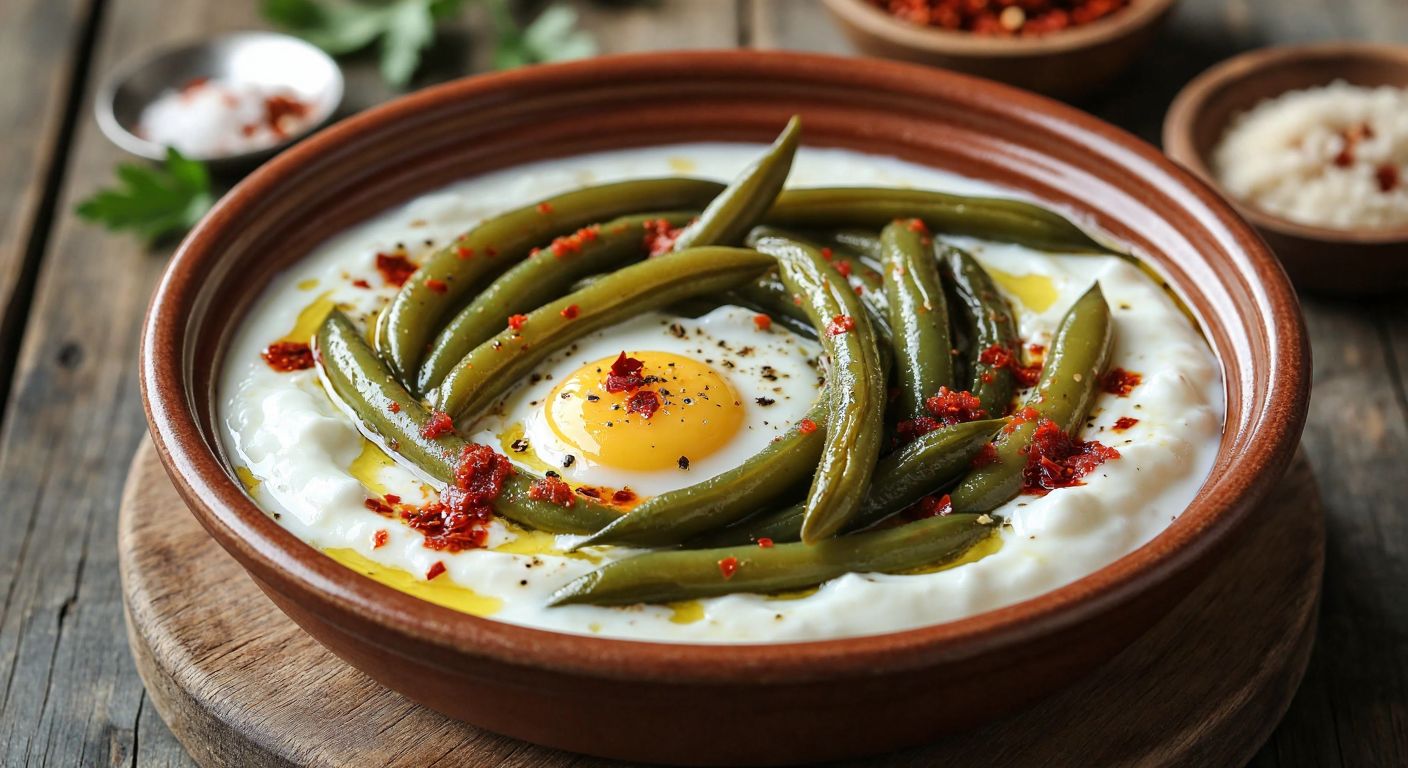 A steaming ceramic bowl of creamy white yogurt mixed with tender green beans, drizzled with melted golden butter and sprinkled with vibrant red pepper flakes, placed on a rustic wooden table in a cozy Turkish kitchen.