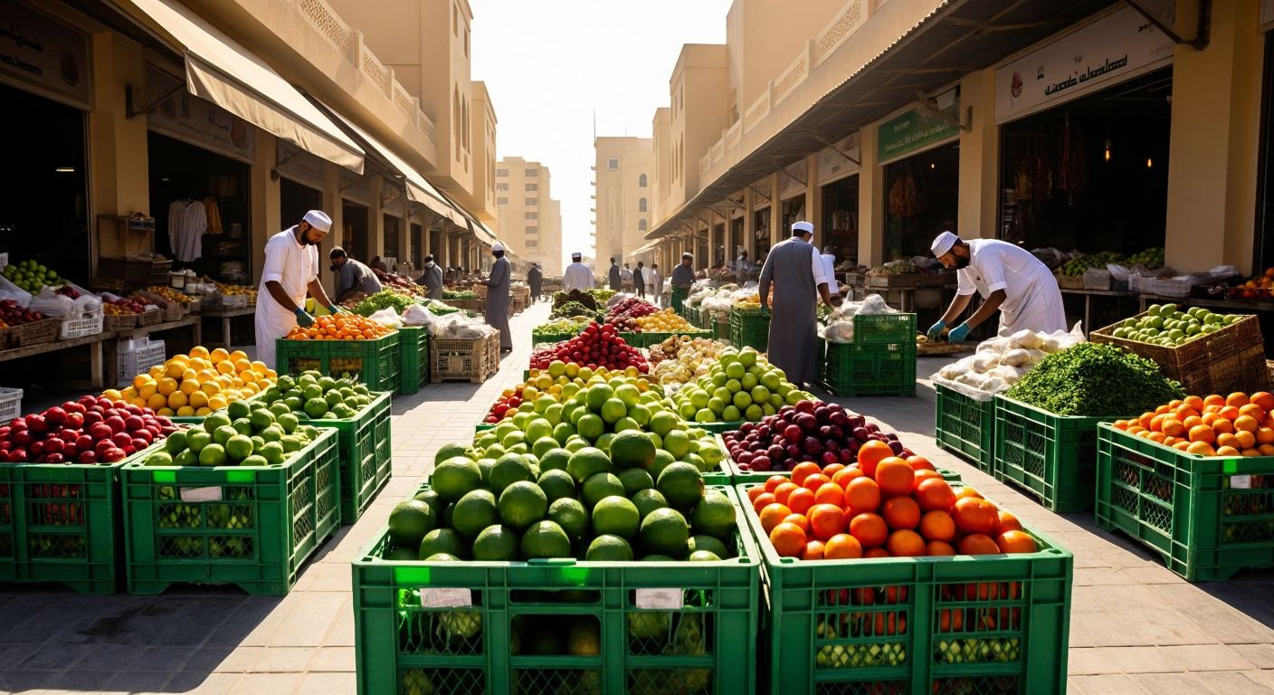 A vibrant marketplace in Abu Dhabi with crates overflowing with fresh fruits and vegetables, surrounded by workers in uniforms sorting and loading produce, under a bright sun.