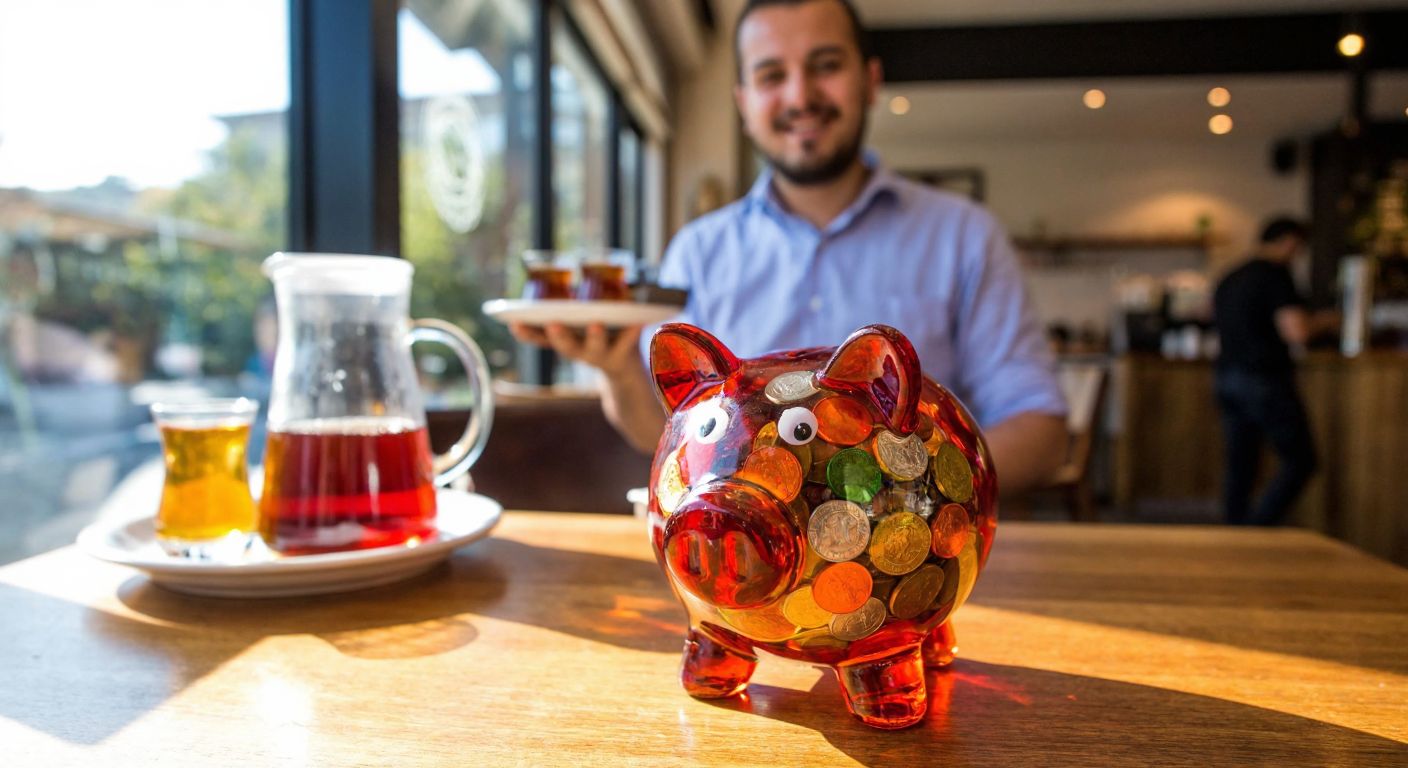 A vibrant glass piggy bank filled with colorful coins sits on a wooden table in a sunlit Turkish café, with a smiling barista in the background holding a tray of traditional Turkish tea.