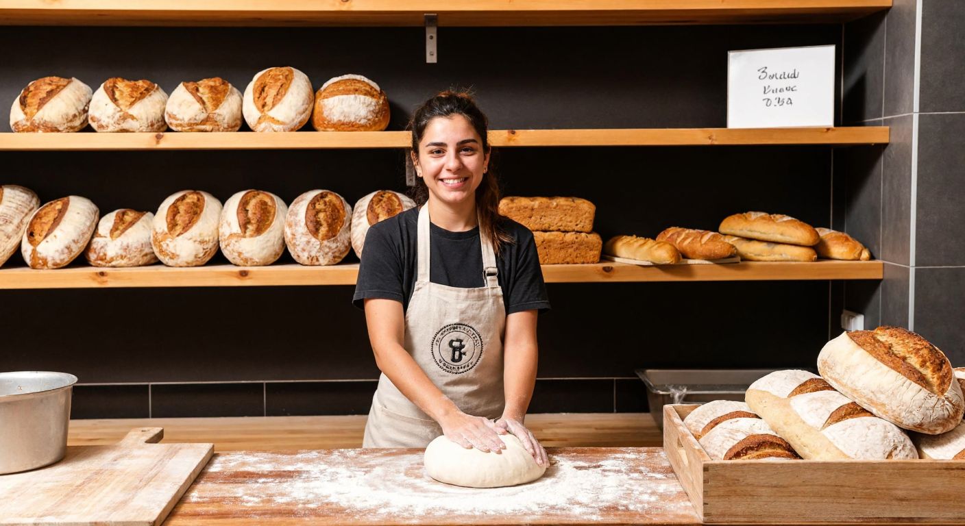 A warm Ankara bakery with wooden shelves displaying fresh sourdough loaves, where a smiling woman in an apron (Ecem Uyar Taranoğlu) kneads dough behind a flour-dusted counter.