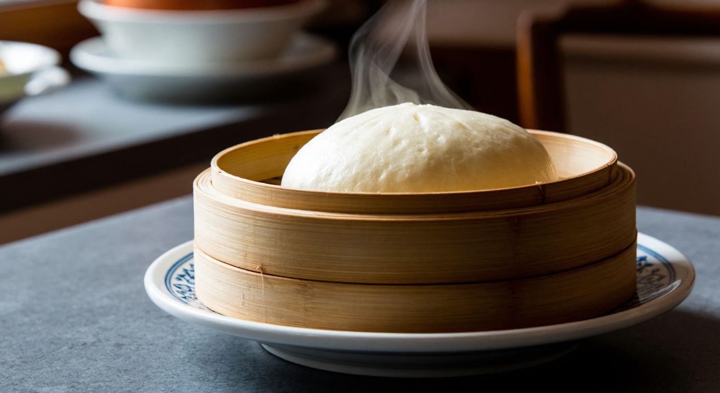 A warm, fluffy steamed bao bun resting on a bamboo steamer, with a hint of steam rising, placed on a traditional Turkish ceramic plate in a cozy kitchen.