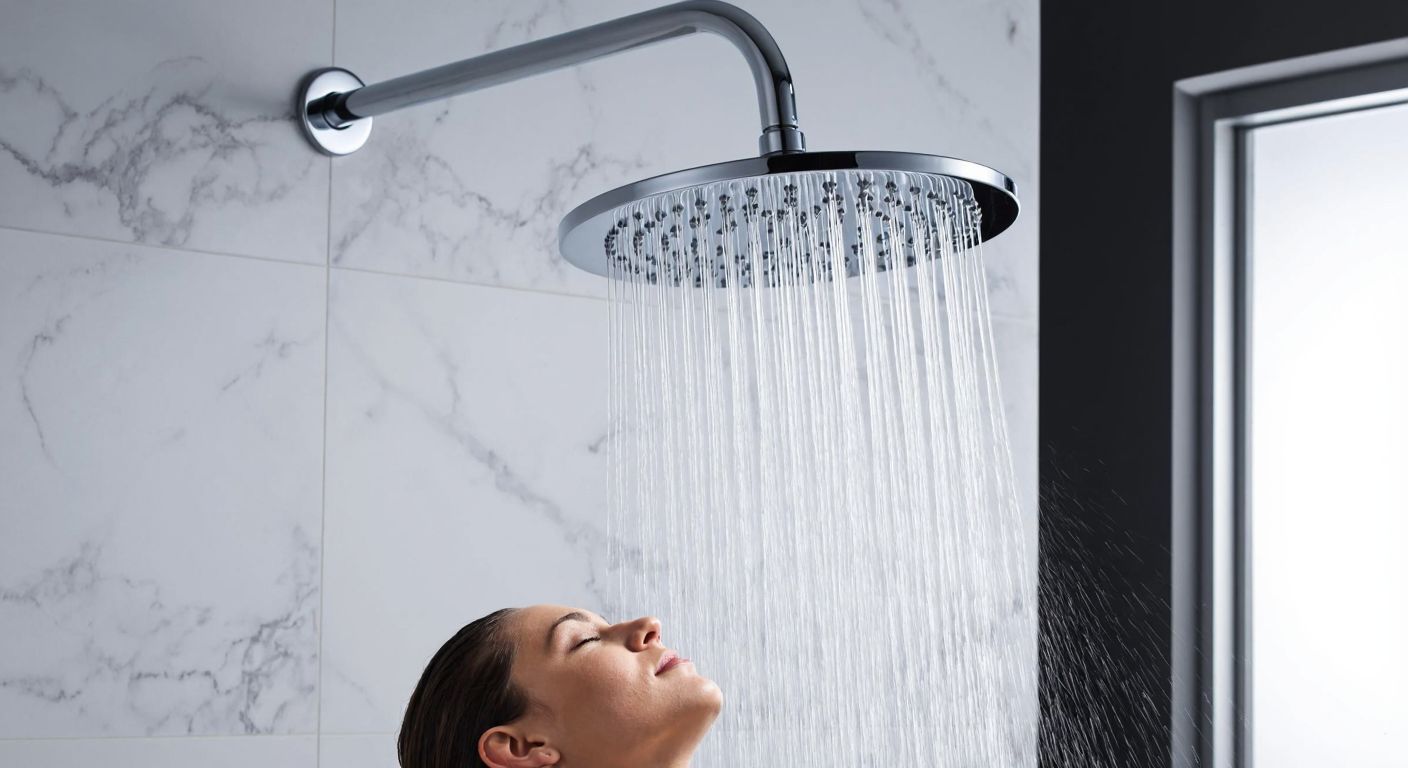 A sleek, modern showerhead with multiple spray settings mounted in a marble-tiled Turkish bathroom, emitting a gentle cascade of water while a relaxed person stands beneath it, eyes closed in contentment.