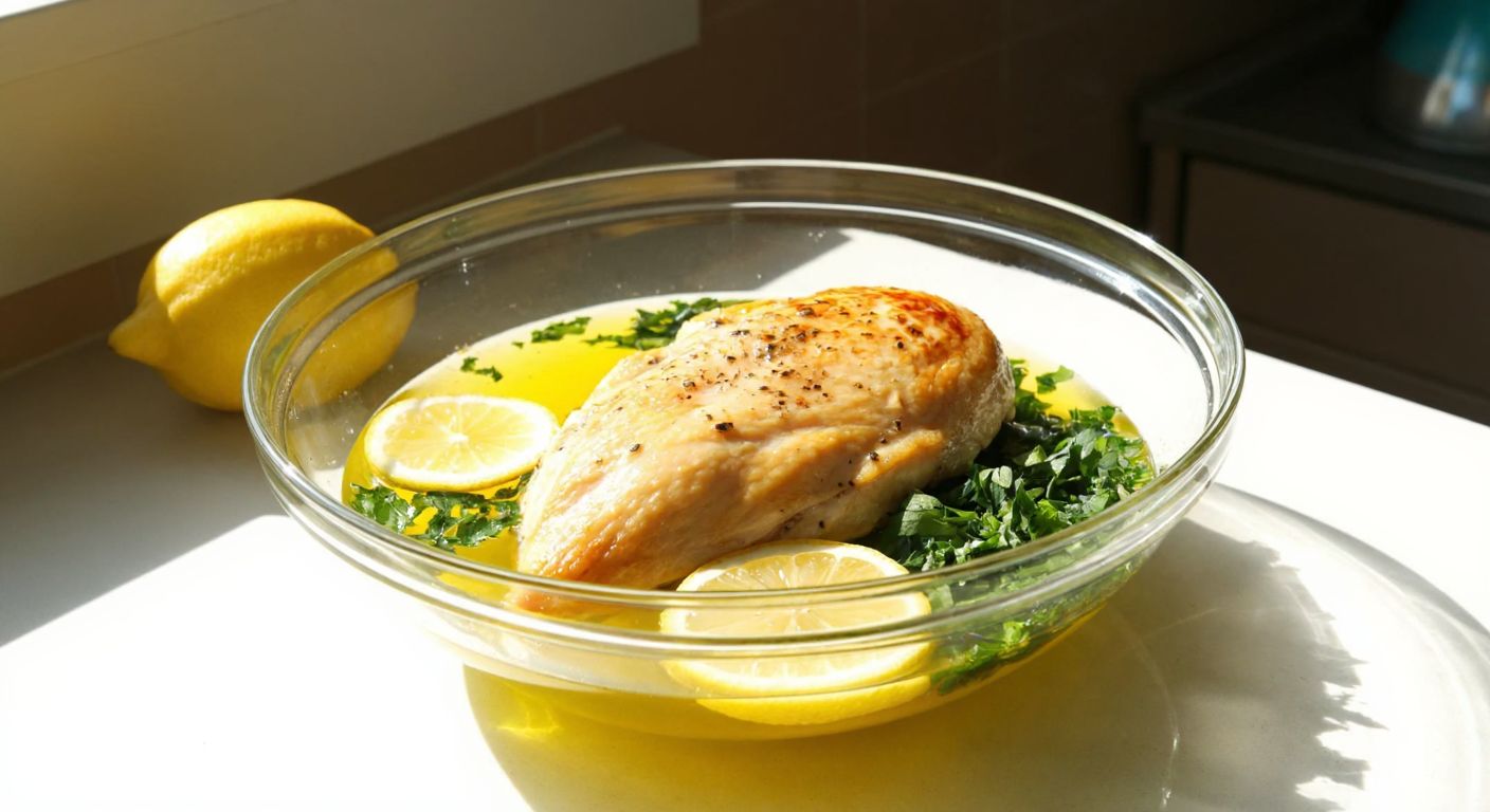 A golden-brown chicken breast marinating in a glass bowl with olive oil, lemon slices, and fresh herbs, resting on a sunlit kitchen counter in a cozy Turkish home.
