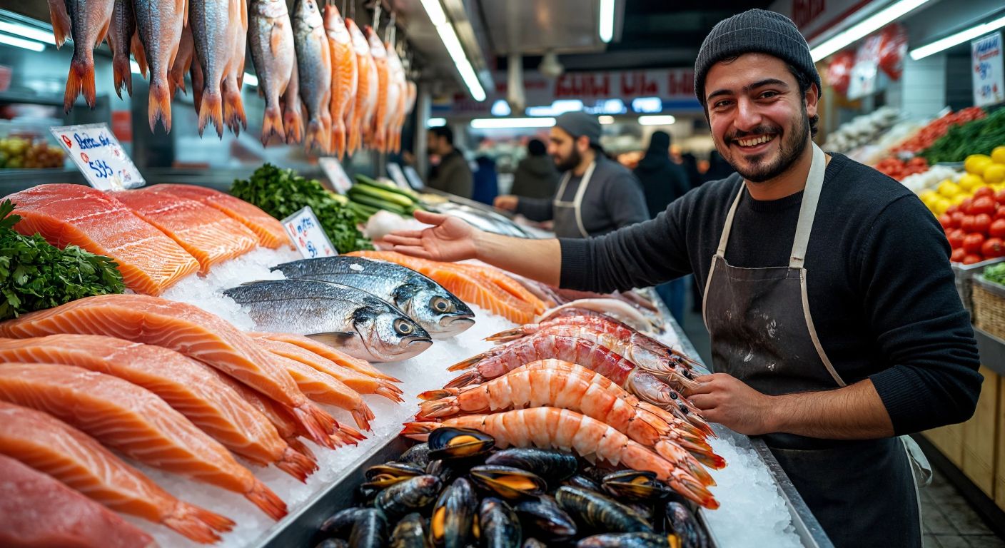 A vibrant Turkish fish market scene with fresh salmon, tuna, and sardines displayed on ice next to a pile of shrimp, crab, and mussels, while a smiling vendor in an apron gestures toward the healthier fish options.