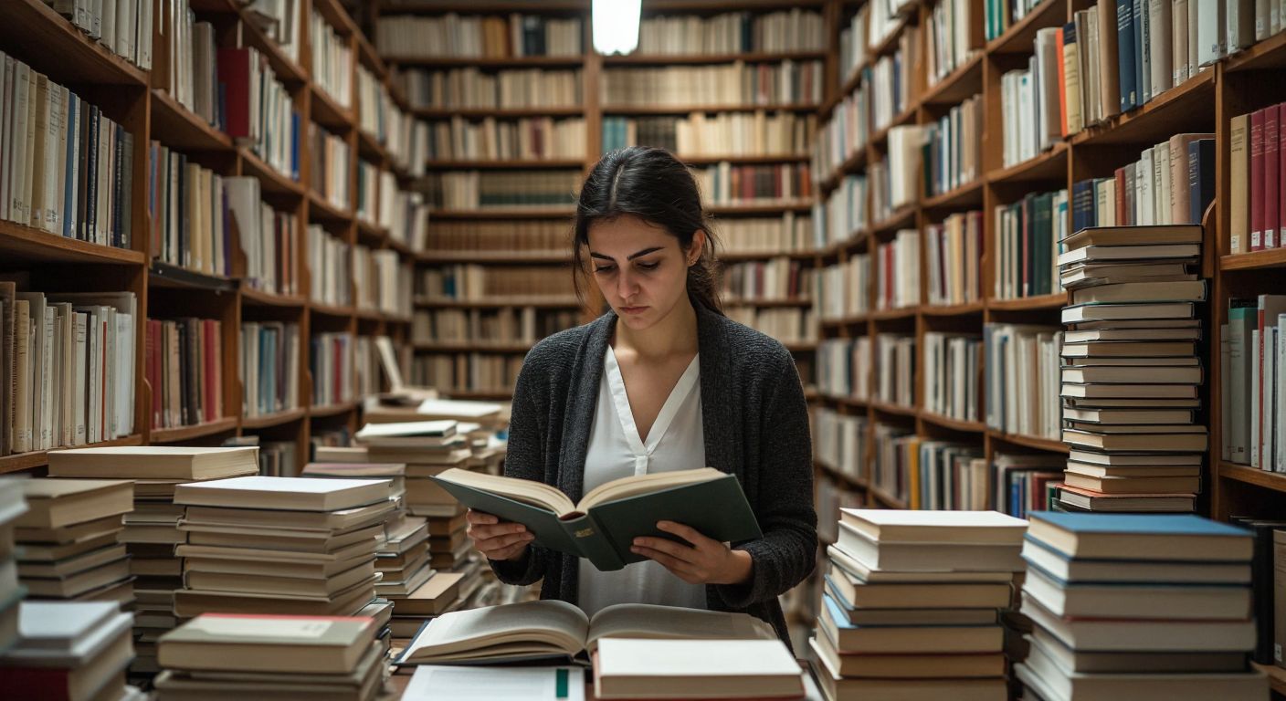A focused Turkish academic researcher in a library, surrounded by towering stacks of books and papers, carefully highlighting a passage in one book while cross-referencing another with a thoughtful expression.