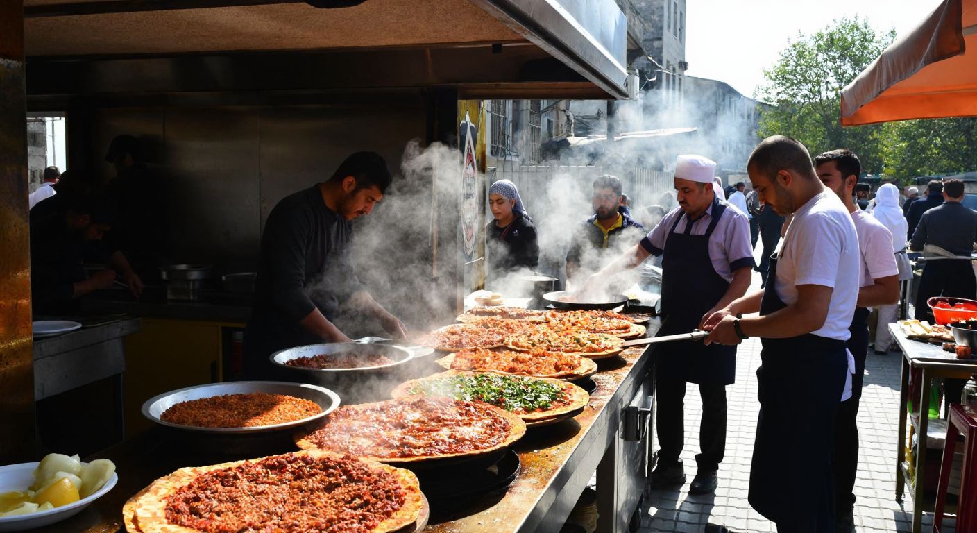 A bustling Turkish street food scene with steaming, spice-dusted lahmacun fresh from a wood-fired oven, surrounded by eager customers and chefs in Şanlıurfa, Gaziantep, and Istanbul.