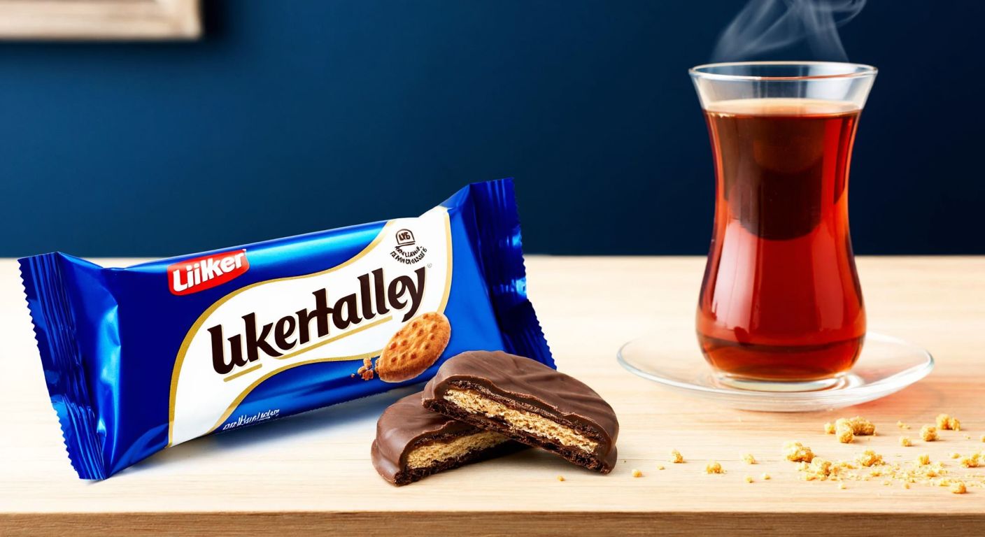 A small, crinkled blue and white Ülker Halley cookie package resting on a wooden table next to a steaming cup of Turkish tea, with golden crumbs scattered around.