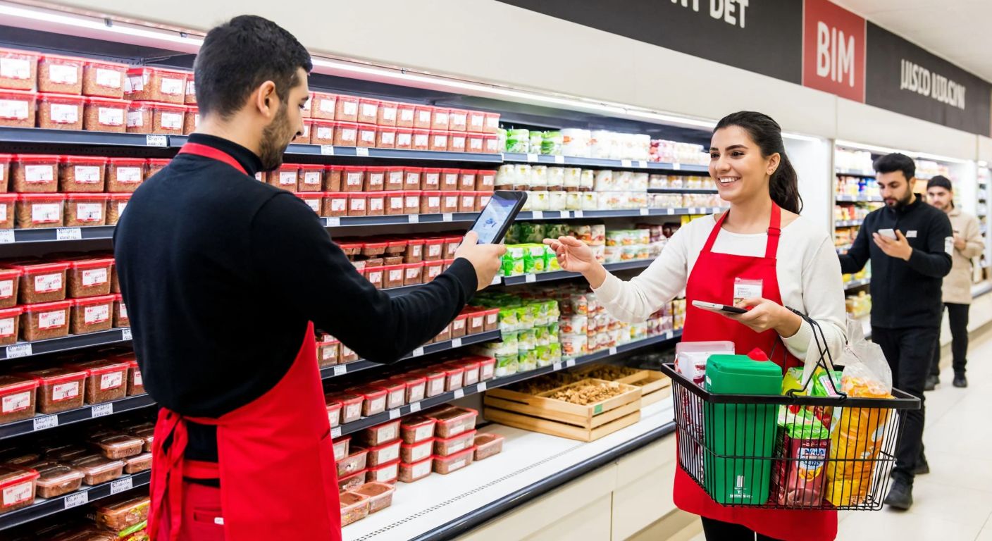 A bustling Bim supermarket aisle in Turkey, with neatly stacked packages of çiğ köfte on a shelf, a smiling cashier in a red apron scanning items, and a customer holding a budget-friendly shopping basket filled with groceries.