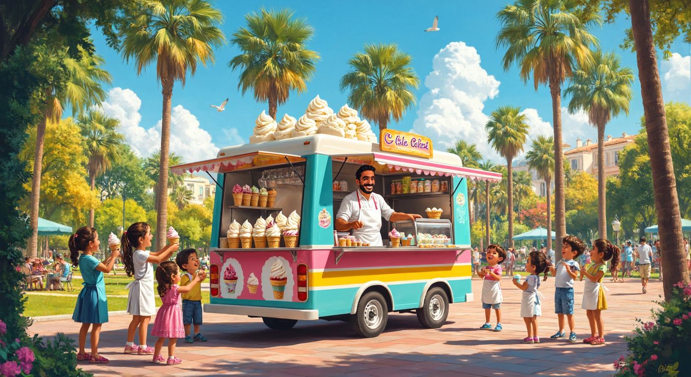 A colorful ice cream truck with a cheerful vendor in a white apron serves scoops of creamy dondurma to excited children in a sunny park lined with palm trees.