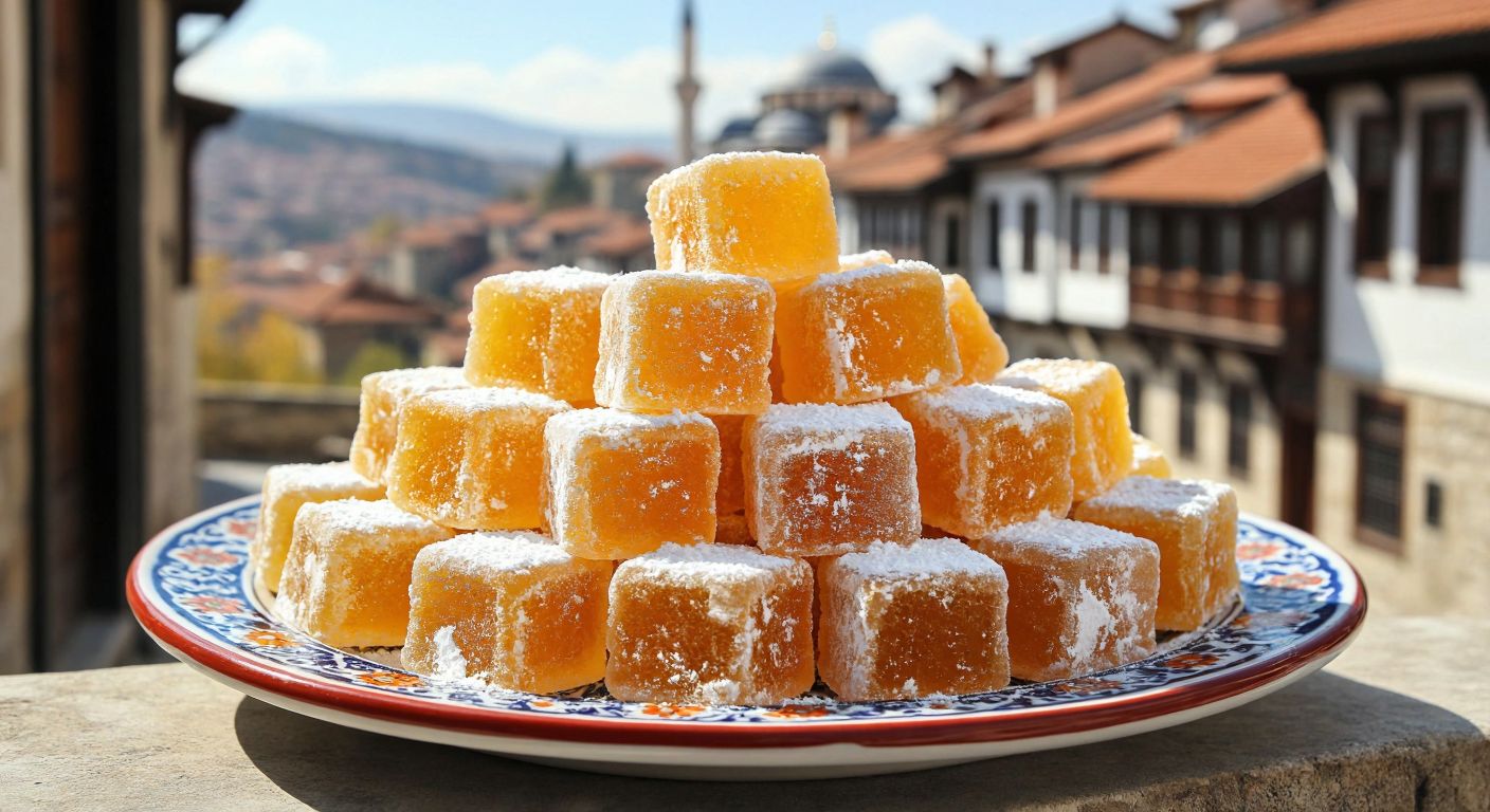A vibrant display of golden-hued **Safranbolu lokum** cubes dusted with powdered sugar, arranged on a traditional Turkish ceramic plate against a backdrop of Safranbolu's historic Ottoman houses.