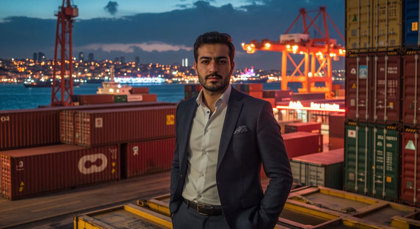 A well-dressed Turkish businessman stands confidently in front of a bustling Istanbul port, overseeing shipping containers while a neon-lit nightclub glows in the background.