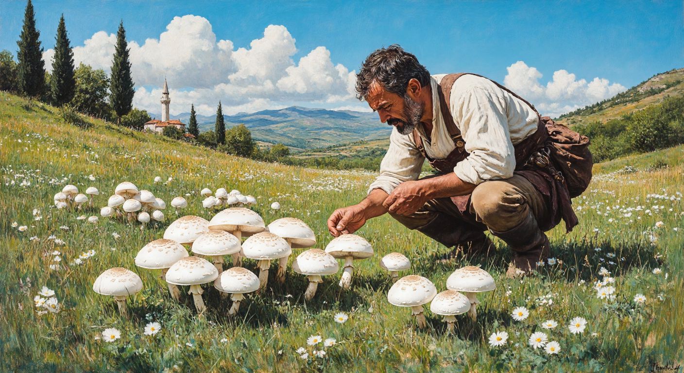 A sunlit Turkish meadow dotted with white-capped Agaricus campestris mushrooms, with a cautious forager in traditional rural clothing carefully inspecting one while poisonous Amanita species lurk subtly in the background.