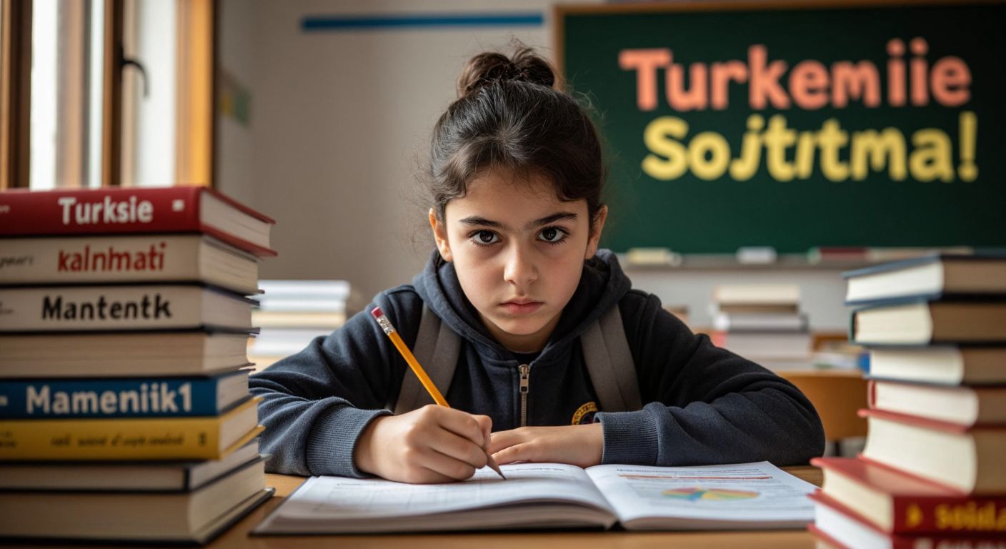 A focused young student in a Turkish classroom, surrounded by stacks of textbooks labeled "Türkçe," "Matematik," "Fen," and "Sosyal," with a determined expression while holding a pencil over a practice test.