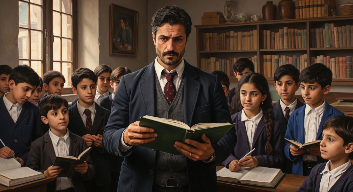 A concerned Turkish teacher in a classroom holds a stack of outdated textbooks while pointing to a modern digital tablet displaying educational content, surrounded by curious students in school uniforms.