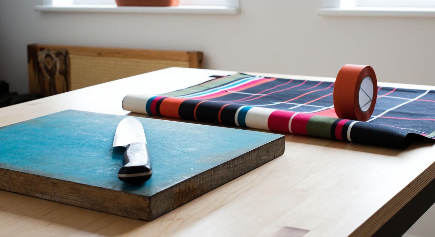 A well-lit Turkish craft table with a sharp knife resting on a worn wooden board, a roll of double-sided tape nearby, and a colorful self-adhesive mat holding fabric in place.