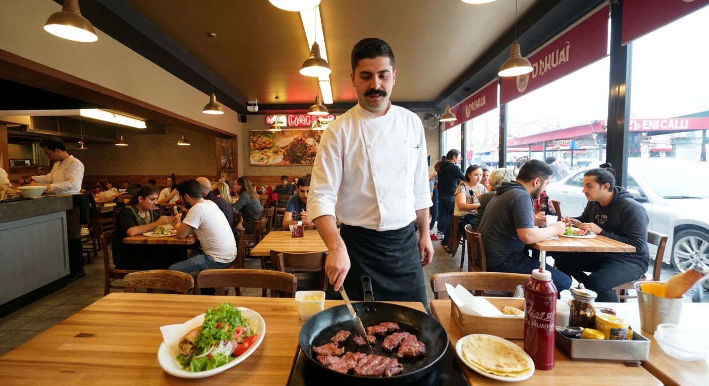 A bustling Turkish dürüm restaurant with a mustachioed chef grilling meat, customers enjoying wraps at wooden tables, and a small sign discreetly indicating no alcohol is served.