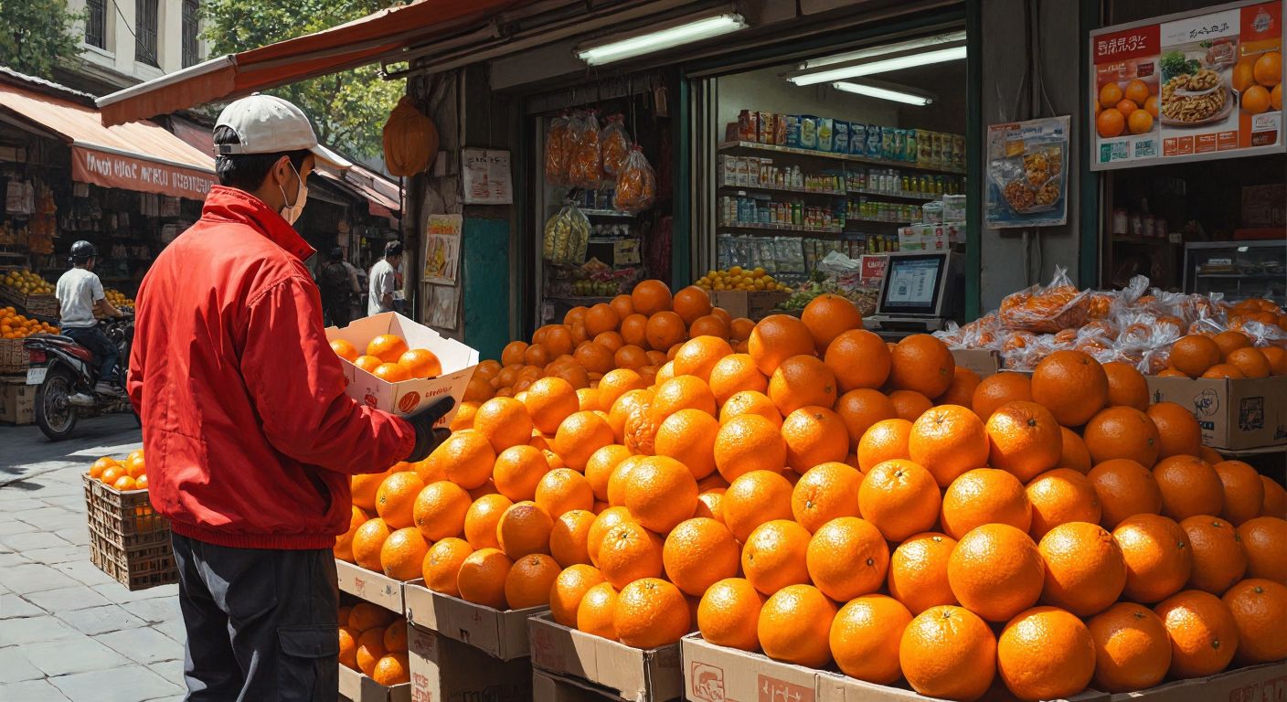 A vibrant marketplace scene with fresh oranges piled high, a delivery rider in a red jacket holding a food package, and a small electronics shop in the background.