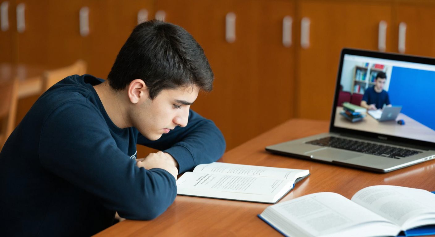 A focused Turkish high school student studies physics notes at a wooden desk, with a textbook open to a mechanics chapter and a laptop playing an educational video in the background.