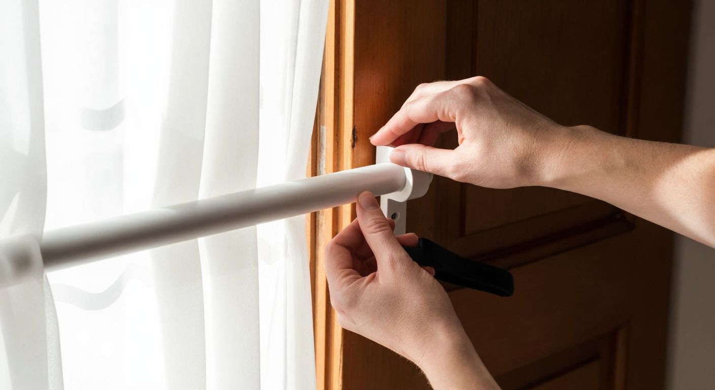 A close-up of a person's hands carefully measuring and aligning a white plastic curtain holder against a wooden doorframe in a sunlit Turkish home, with a sheer tulle fabric draped loosely nearby.