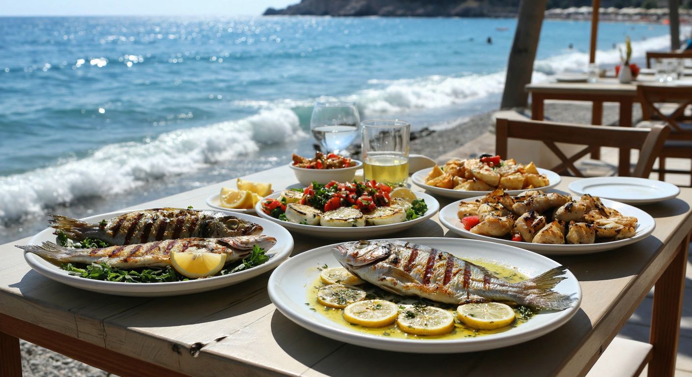 A sunlit Antalya seaside restaurant table laden with fresh orfoz, lagos, and barbun fish, grilled to golden perfection, accompanied by olive oil-drizzled mezze plates, with turquoise waves gently lapping the shore in the background.