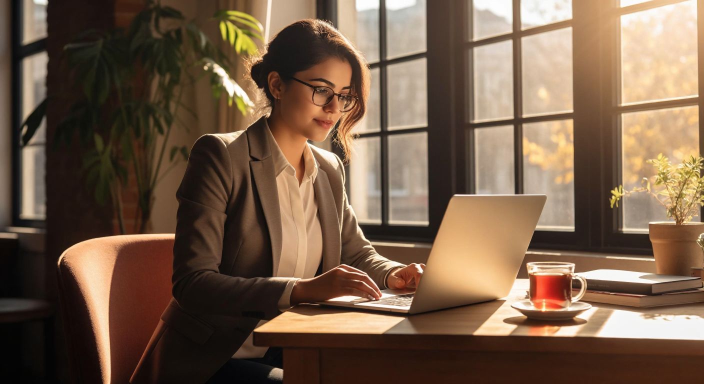 A young professional in a neat blazer sits at a wooden desk in a sunlit room, speaking confidently into a laptop screen while holding a notebook, with a steaming cup of Turkish tea beside them.