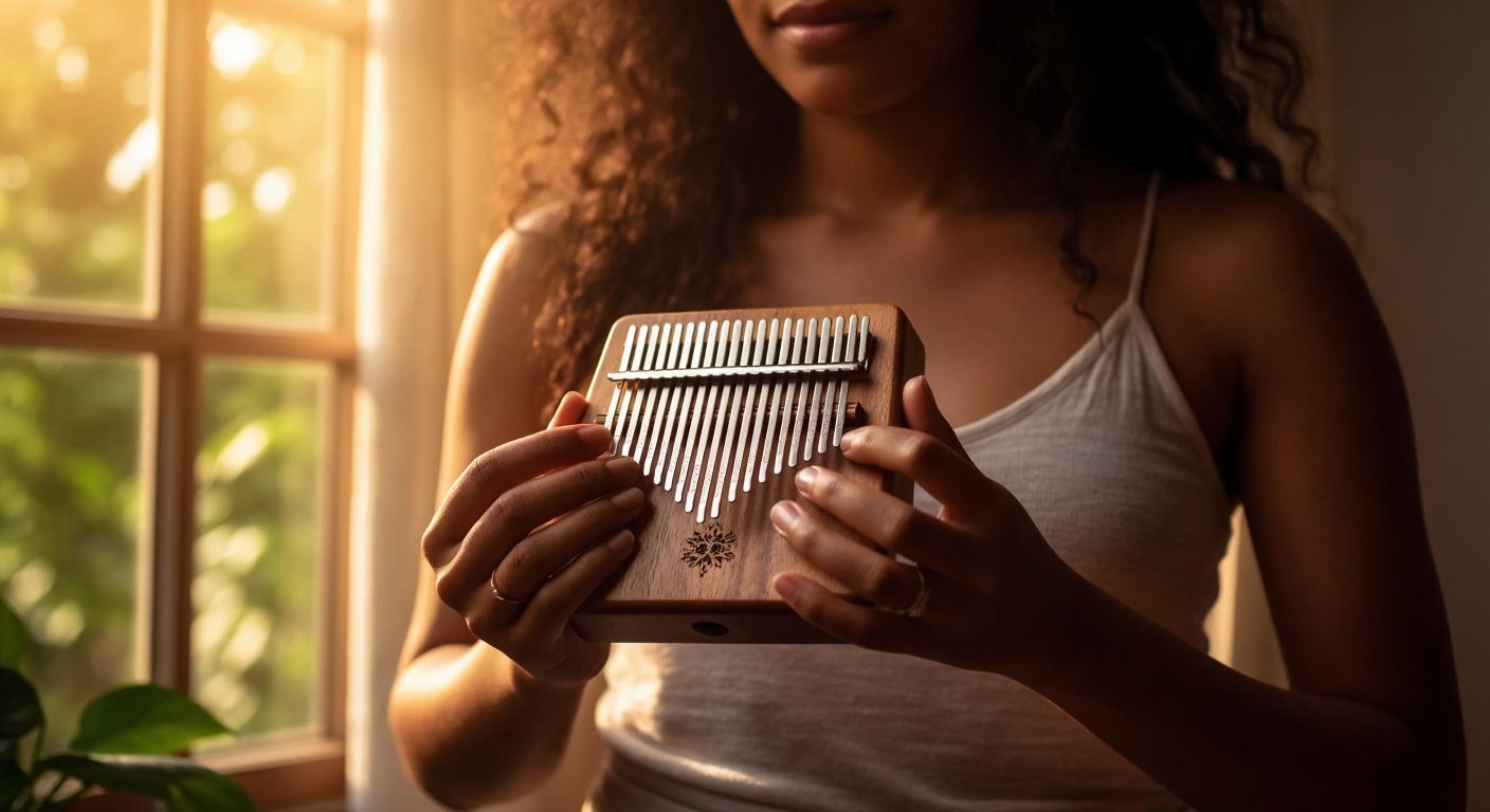 A person with warm-toned skin gently holds a wooden kalimba in their hands, thumbs poised over its metal tines, with a serene expression of focus as sunlight filters through a nearby window.