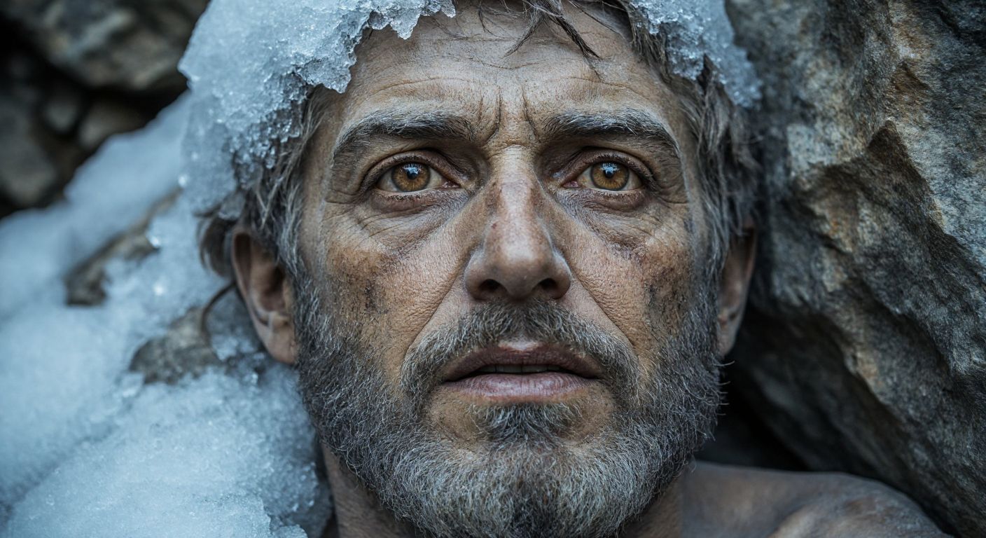 A weathered, ancient face with sunken brown eyes, a thin beard, wrinkled skin, and hollow cheeks, partially covered in ice, lying against a rocky alpine backdrop.