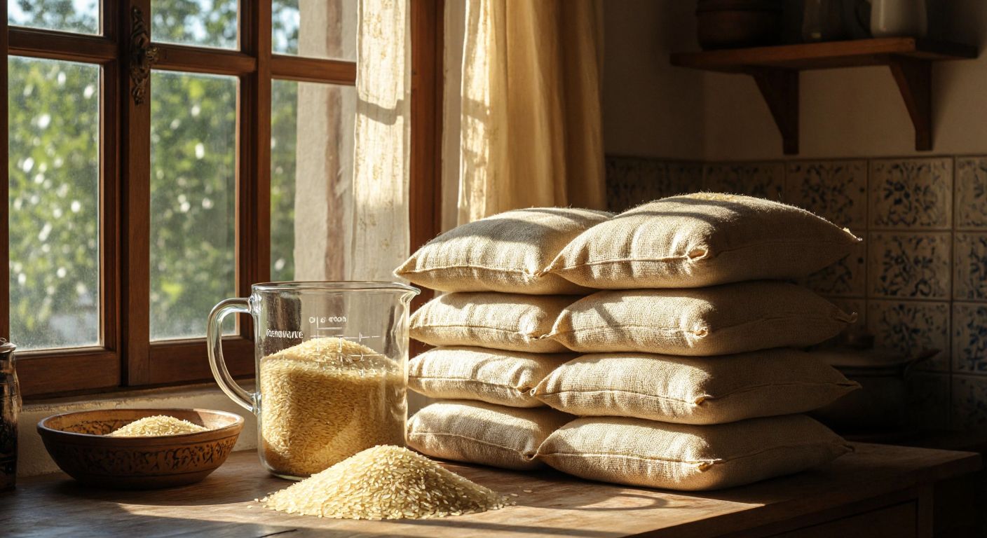A rustic Turkish kitchen with a large glass measuring cup filled with golden Osmancık rice next to a stack of five one-kilo rice sacks, bathed in warm sunlight from a nearby window.