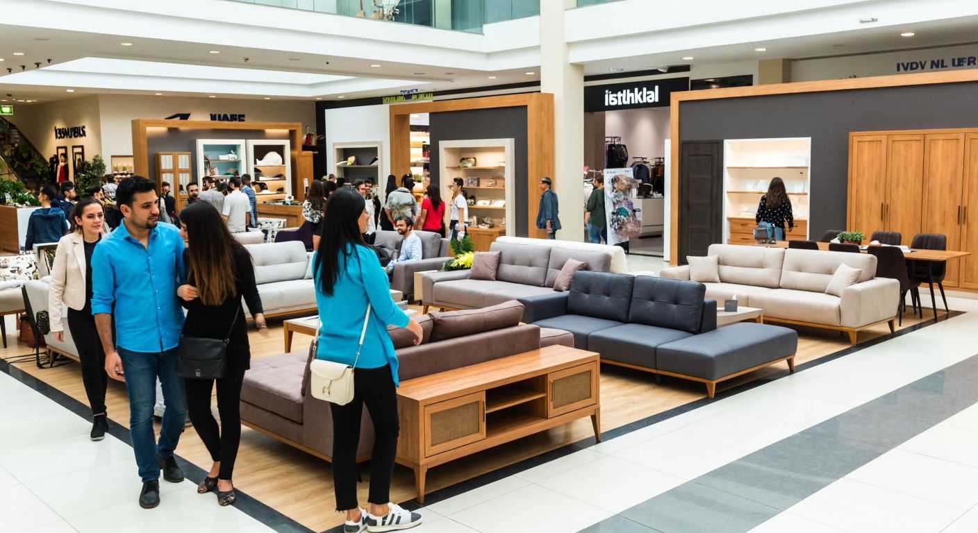 A bustling Turkish shopping mall interior with a large İstikbal furniture store display, featuring modern sofas and wooden cabinets, surrounded by shoppers in casual attire carrying bags.