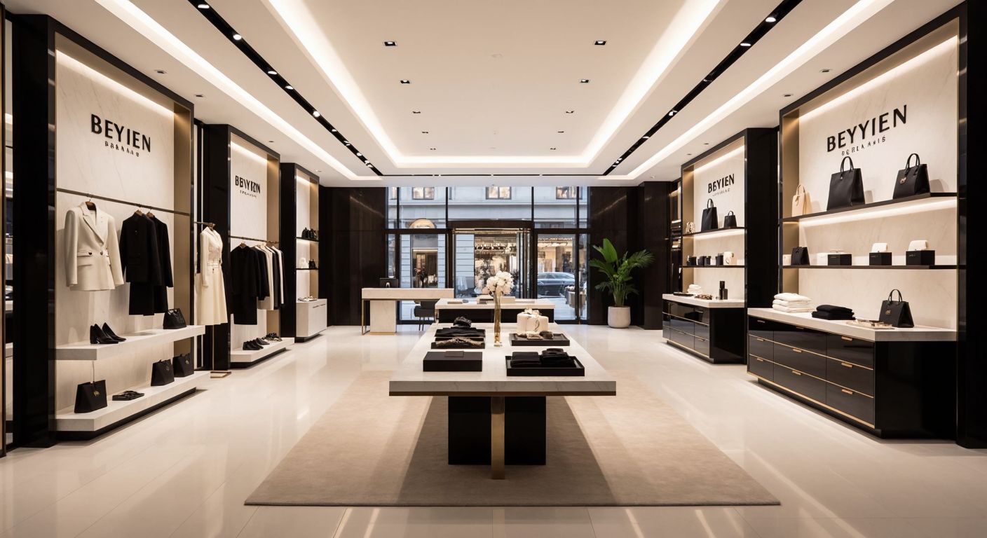A sleek, modern boutique with high-end fashion displays represents Beymen, while a corporate office with multiple brand logos on the wall symbolizes Beymen Group.