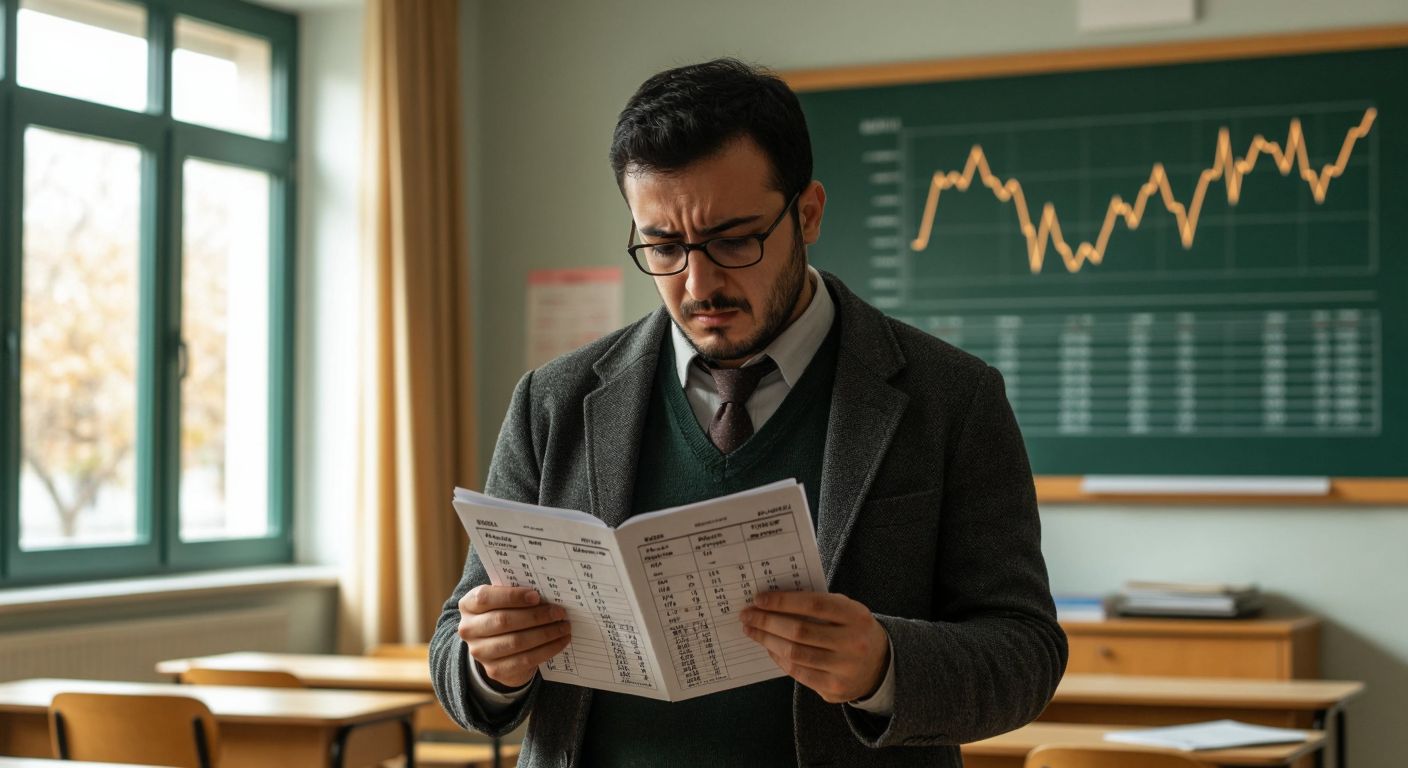 A Turkish teacher in a modest classroom anxiously checking a calendar while holding a pay slip, with a faint outline of inflation graphs in the background.