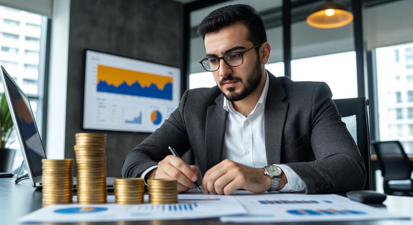 A Turkish investor in a modern office confidently reviews financial charts while a golden coin stack and a rising graph symbolize short-term interest gains and liquidity.