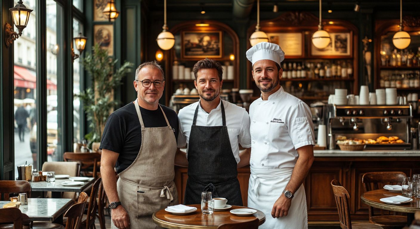 A bustling café scene with three distinct owners—a middle-aged man in an apron (Darrel Broek), a corporate executive (eMax Group representative), and a chef in a white hat (Fréderic Vardon)—each standing proudly in their respective café settings (cozy diner, modern Moscow café, elegant Parisian bistro).