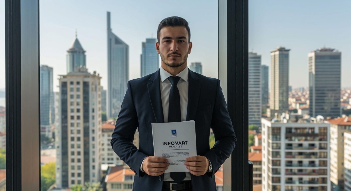 A confident Turkish businessman in a sleek suit stands in a modern Istanbul office, holding a document labeled "İnfo Varant" with a skyline of financial district buildings visible through the window.