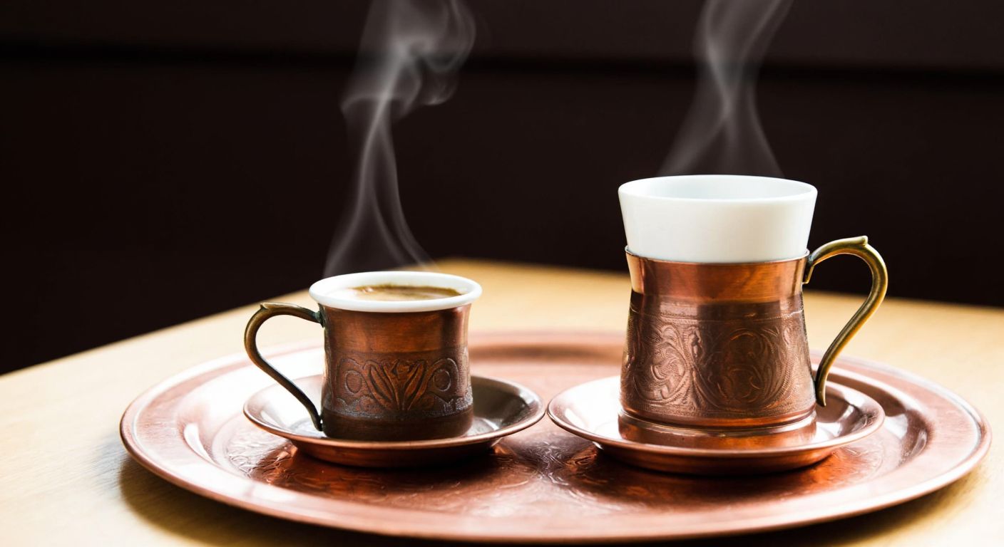 A traditional Turkish coffee cup, larger than usual, sits on a copper tray next to a smaller standard cup, with steam rising from the rich, dark brew inside.