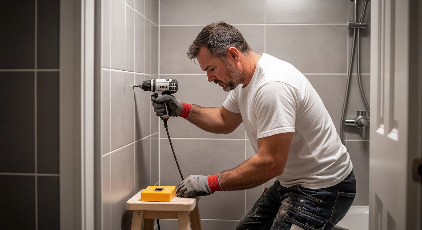 A focused middle-aged man in a white t-shirt and work gloves carefully drills into a tiled bathroom wall, with a shower seat propped nearby and a level resting on its surface.