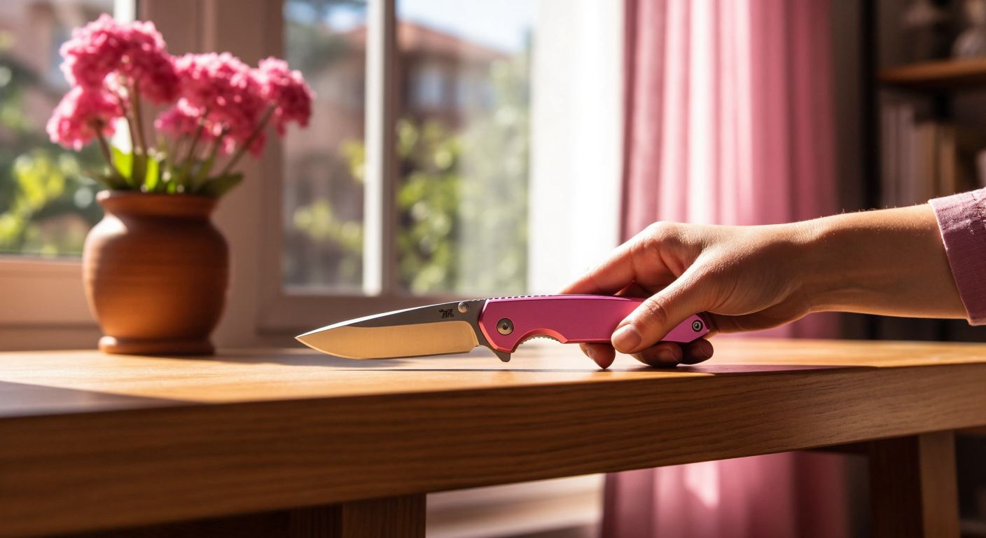 A sleek pink pocket knife resting on a wooden table in a well-lit Turkish home, with an adult's hand carefully holding it, conveying caution and responsibility.