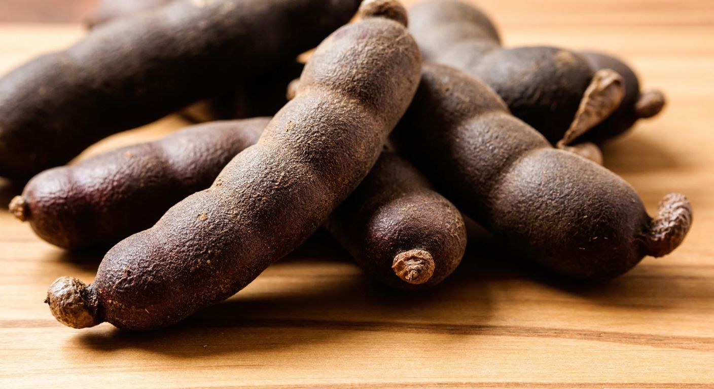 A close-up of a handful of dark brown tamarind pods resting on a wooden table, their wrinkled skins slightly cracked to reveal the sticky, tangy pulp inside, evoking a sharp sourness.