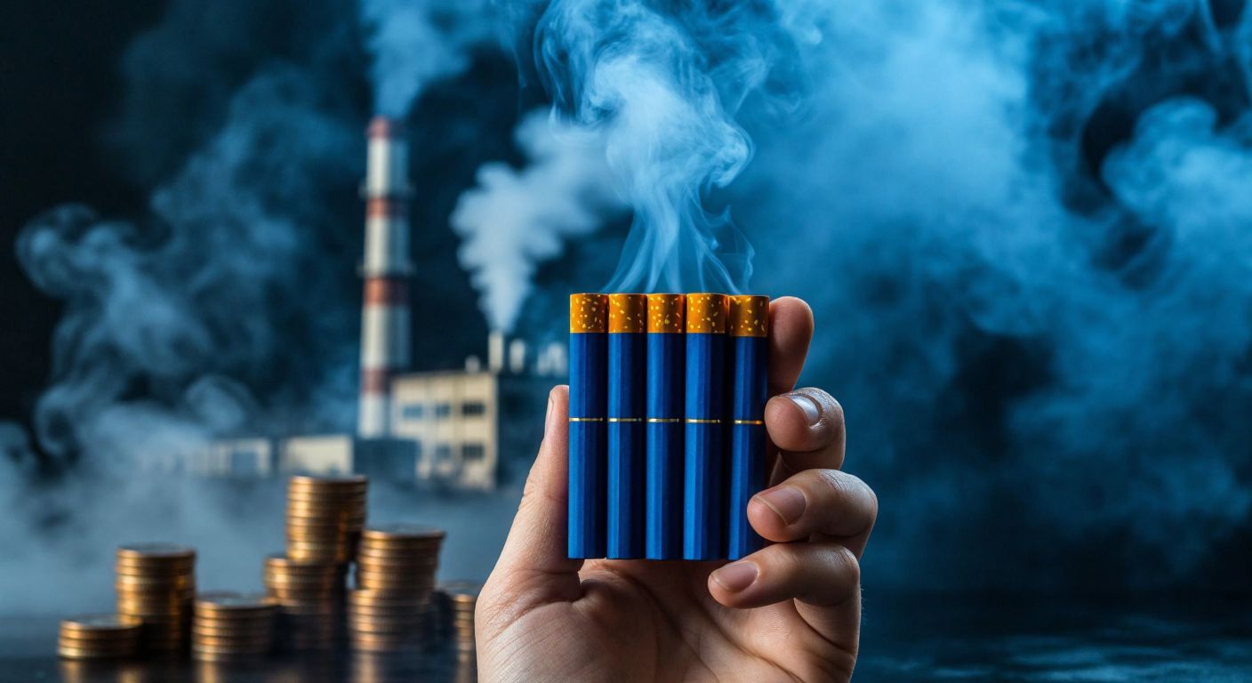 A hand holding a pack of dark blue cigarettes against a backdrop of rising smoke, with a faint image of stacked Turkish lira coins and a factory in the distance, conveying frustration and economic strain.